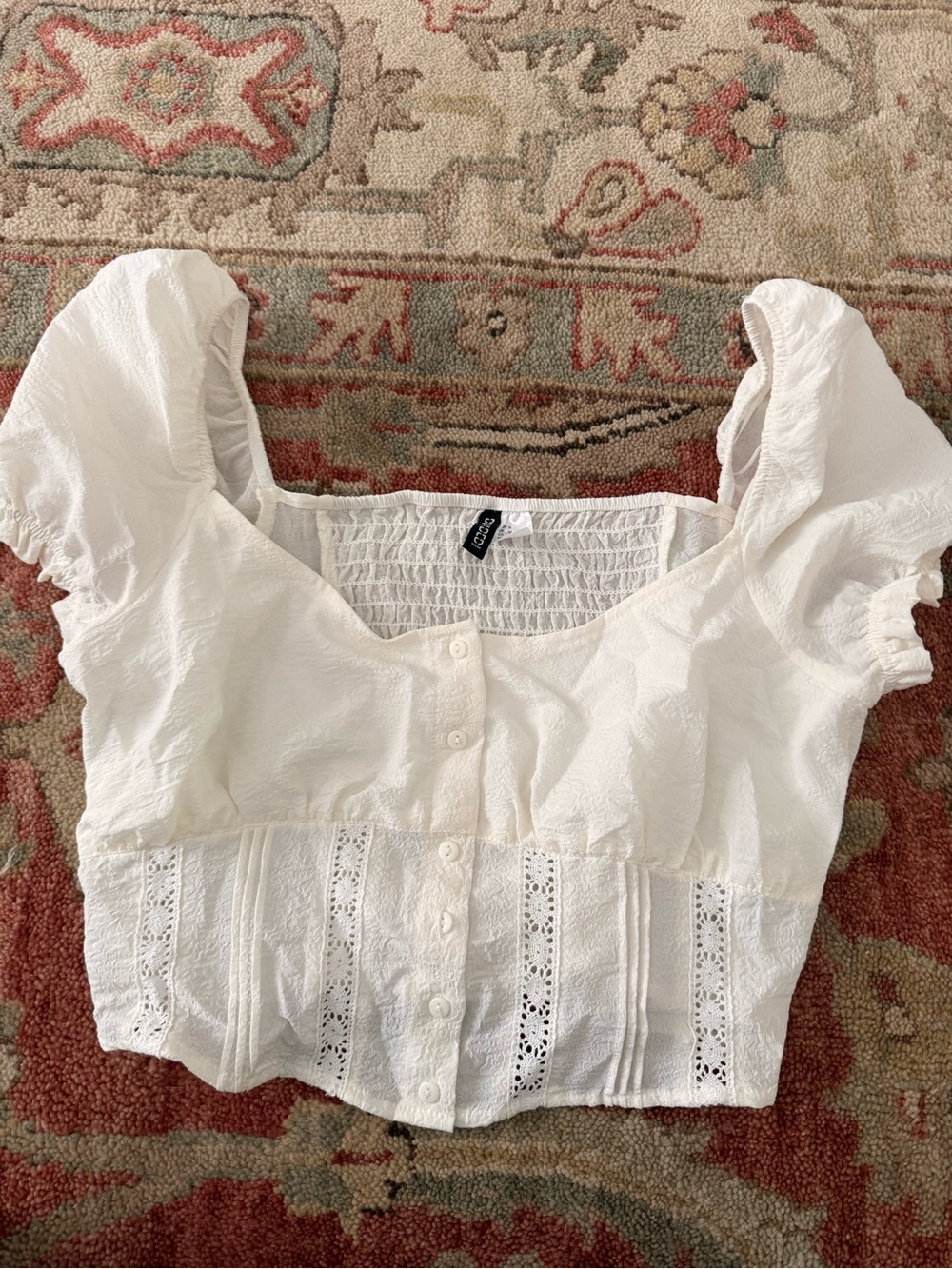 Divided White Lace-Panel Button Front Crop Top